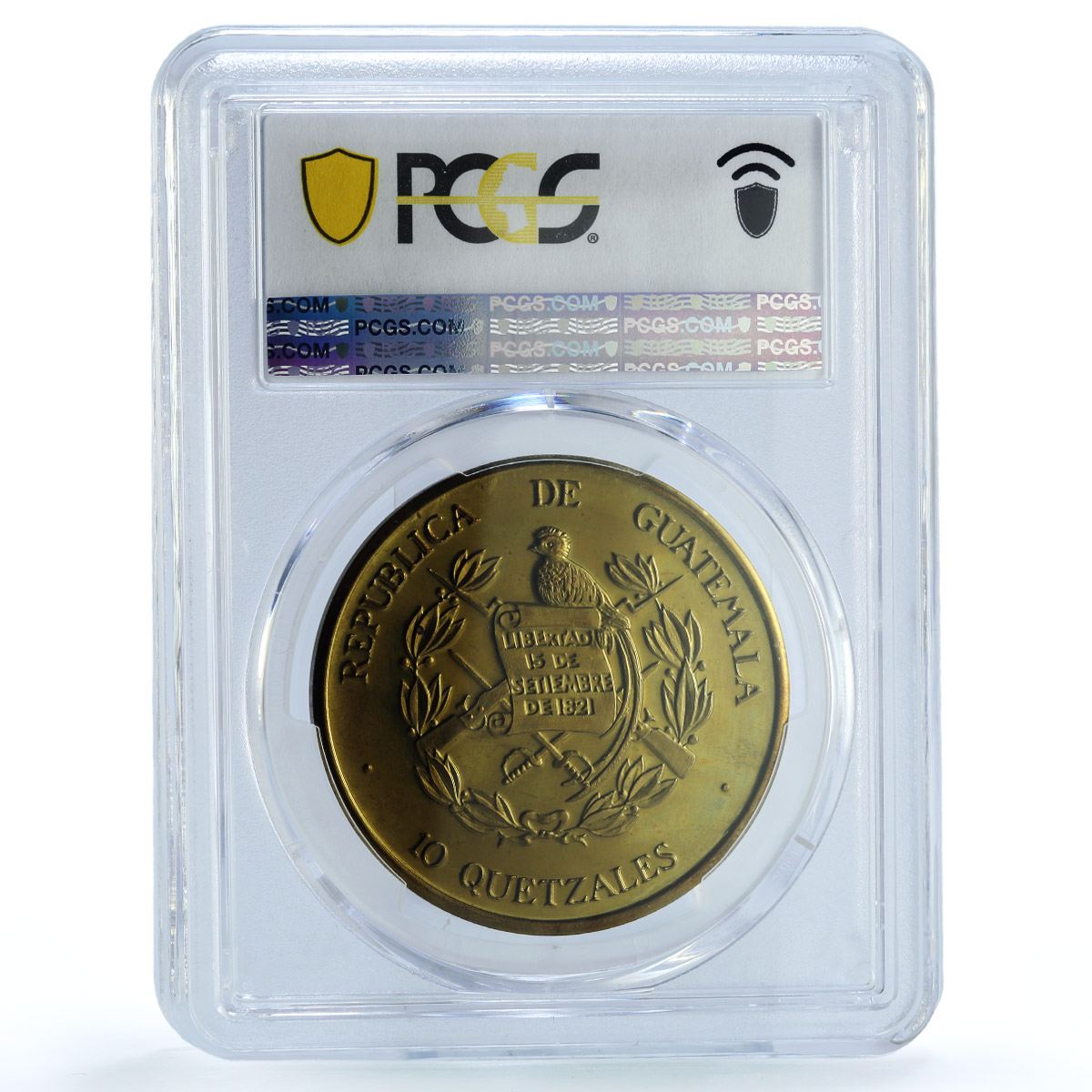 Guatemala 10 quetzales El Quetzal PE X#2a.2 Bird Tower PR66 PCGS brass coin 1995