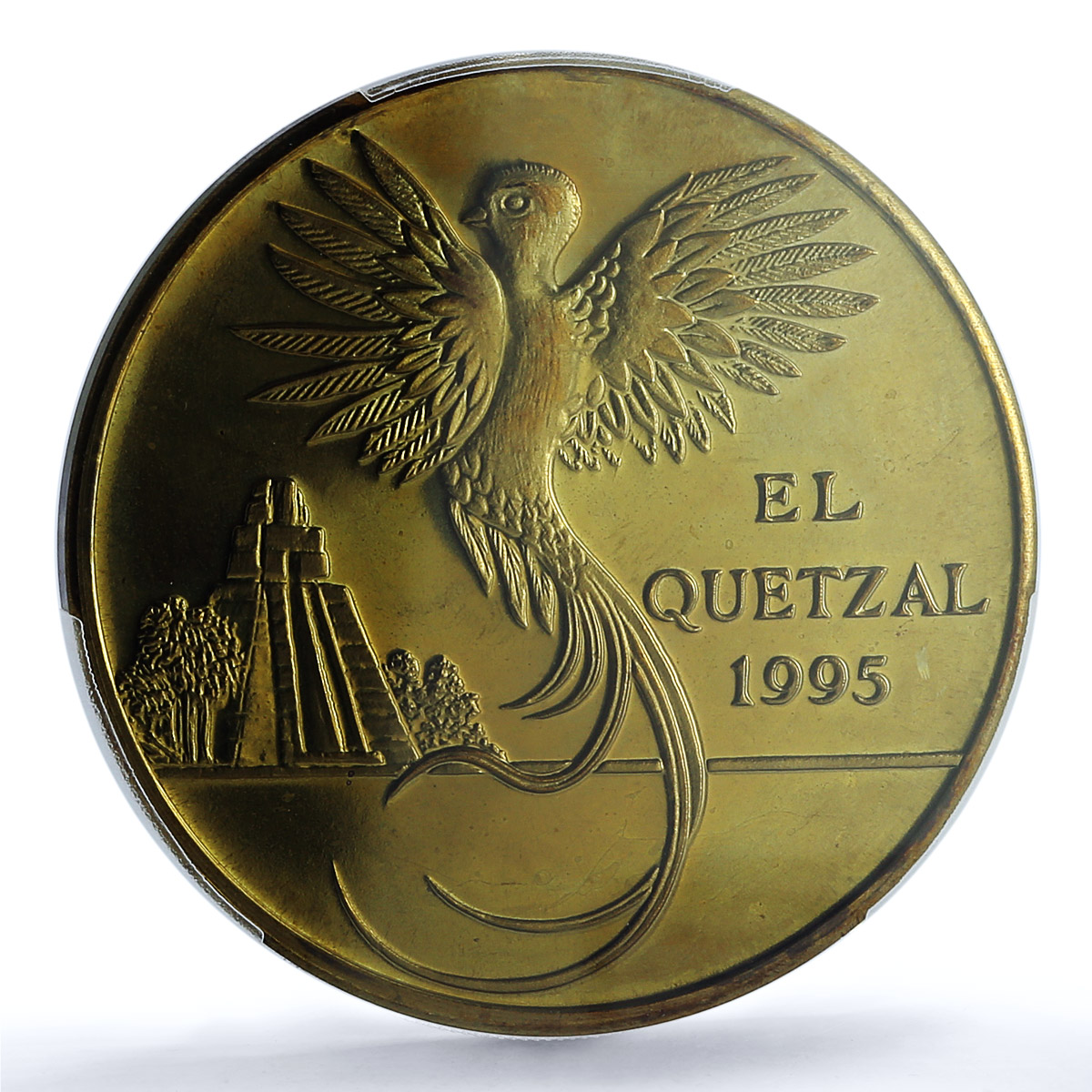 Guatemala 10 quetzales El Quetzal PE X#2a.2 Bird Tower PR66 PCGS brass coin 1995