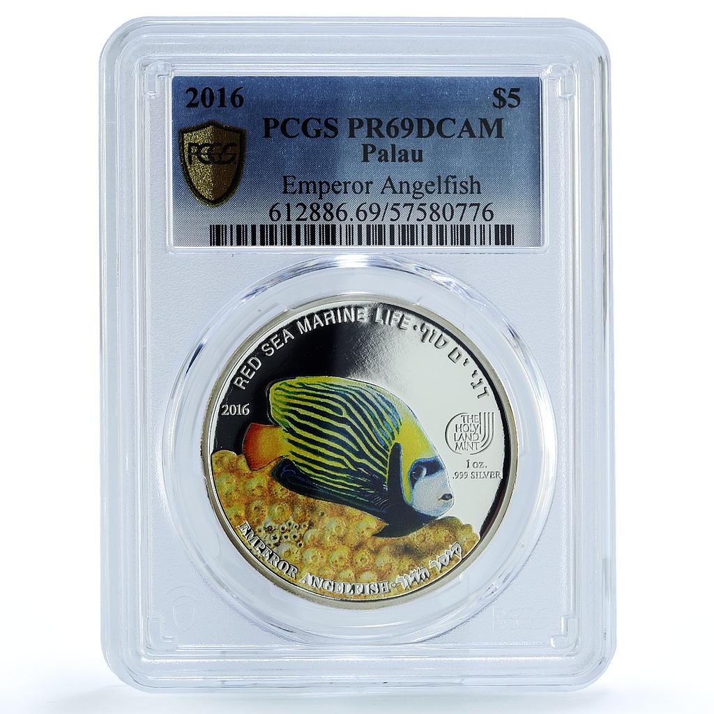 Palau 5 dollars Emperor Angelfish KM-755 Marine Fauna PR69 PCGS silver coin 2016