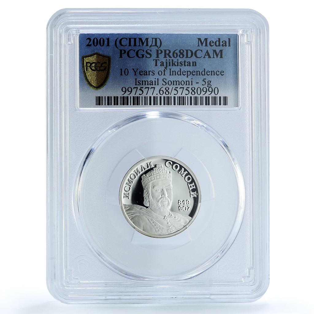 Tajikistan Ismail Somoni Independence 10 Years PR 68 PCGS 5 gr silver medal 2001
