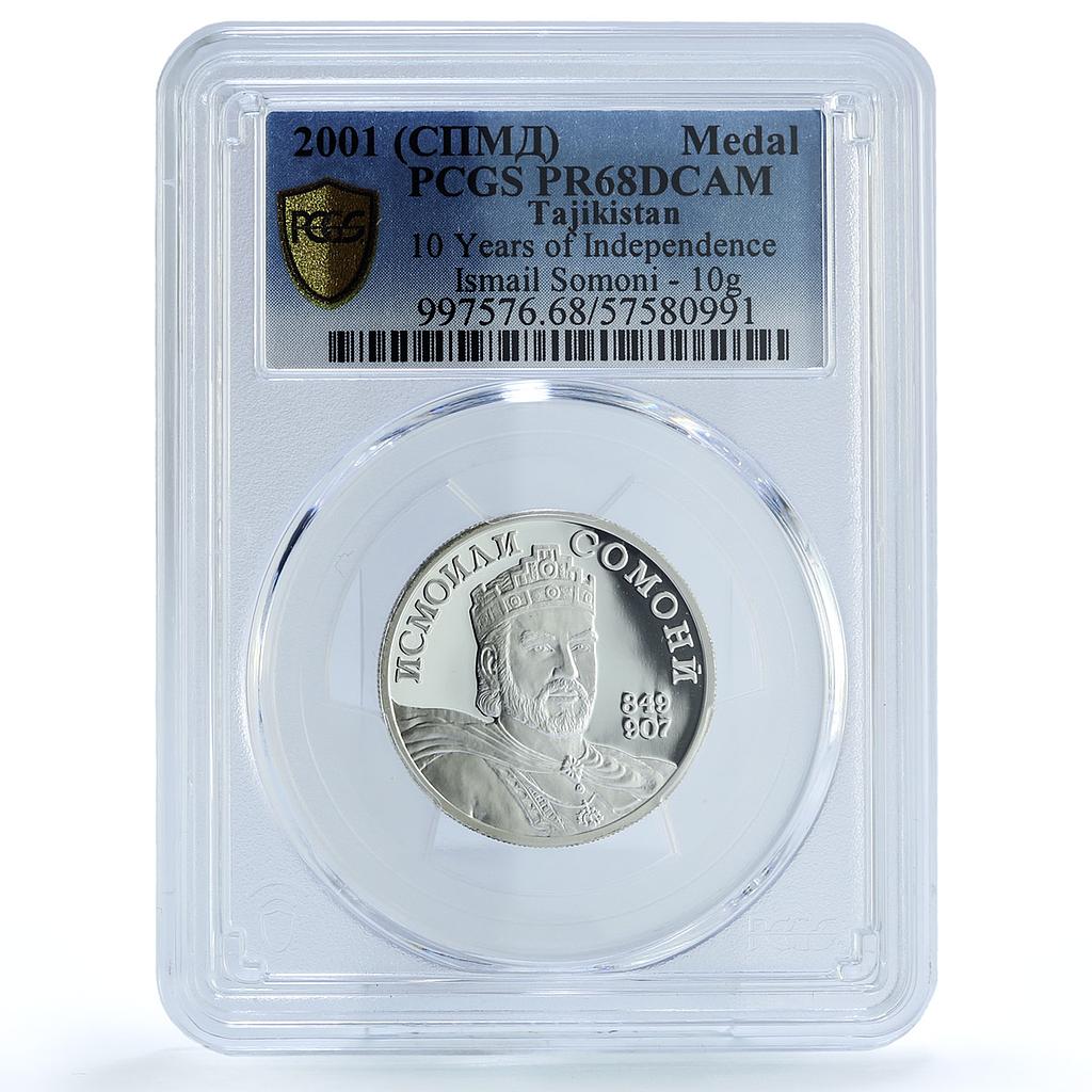 Tajikistan Ismail Somoni Independence 10 Years PR68 PCGS 10 gr silver medal 2001