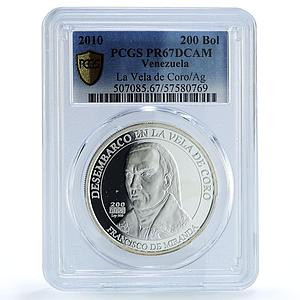 Venezuela 200 bolivares Miranda Vela De Coro Y#97 PR 67 PCGS silver coin 2010