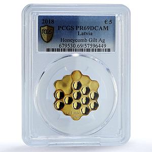 Latvia 5 euros Honeycomb Bees Gilt KM-201 PR 69 PCGS silver coin 2018