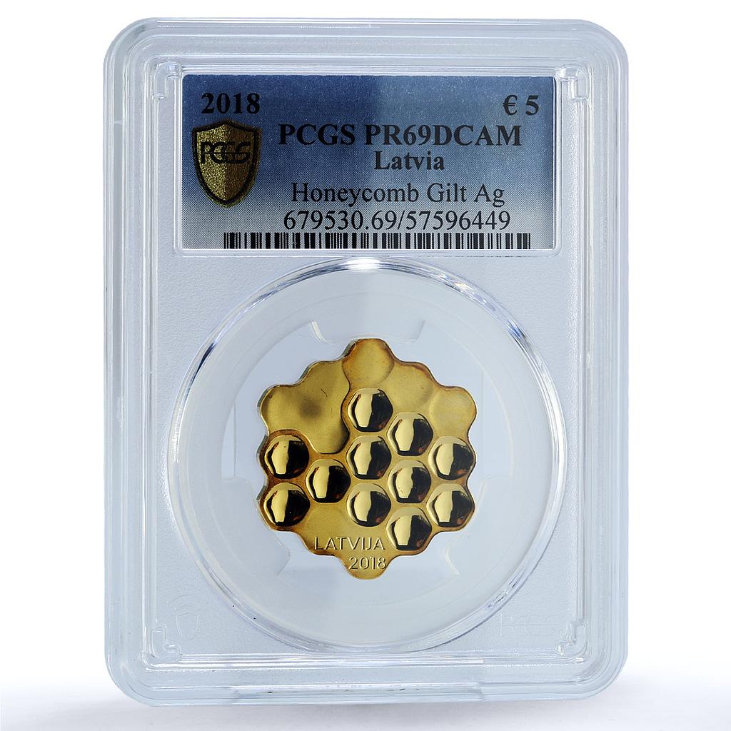 Latvia 5 euros Honeycomb Bees Gilt KM-201 PR 69 PCGS silver coin 2018 Latvia 5 euros Honeycomb Bees Gilt KM-201 PR 69 PCGS silver coin 2018