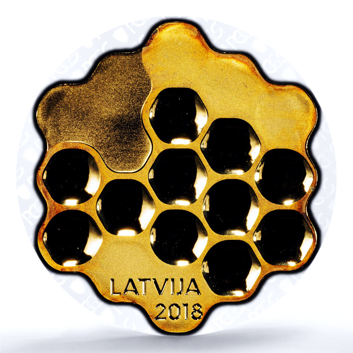 Latvia 5 euros Honeycomb Bees Gilt KM-201 PR 69 PCGS silver coin 2018 Latvia 5 euros Honeycomb Bees Gilt KM-201 PR 69 PCGS silver coin 2018