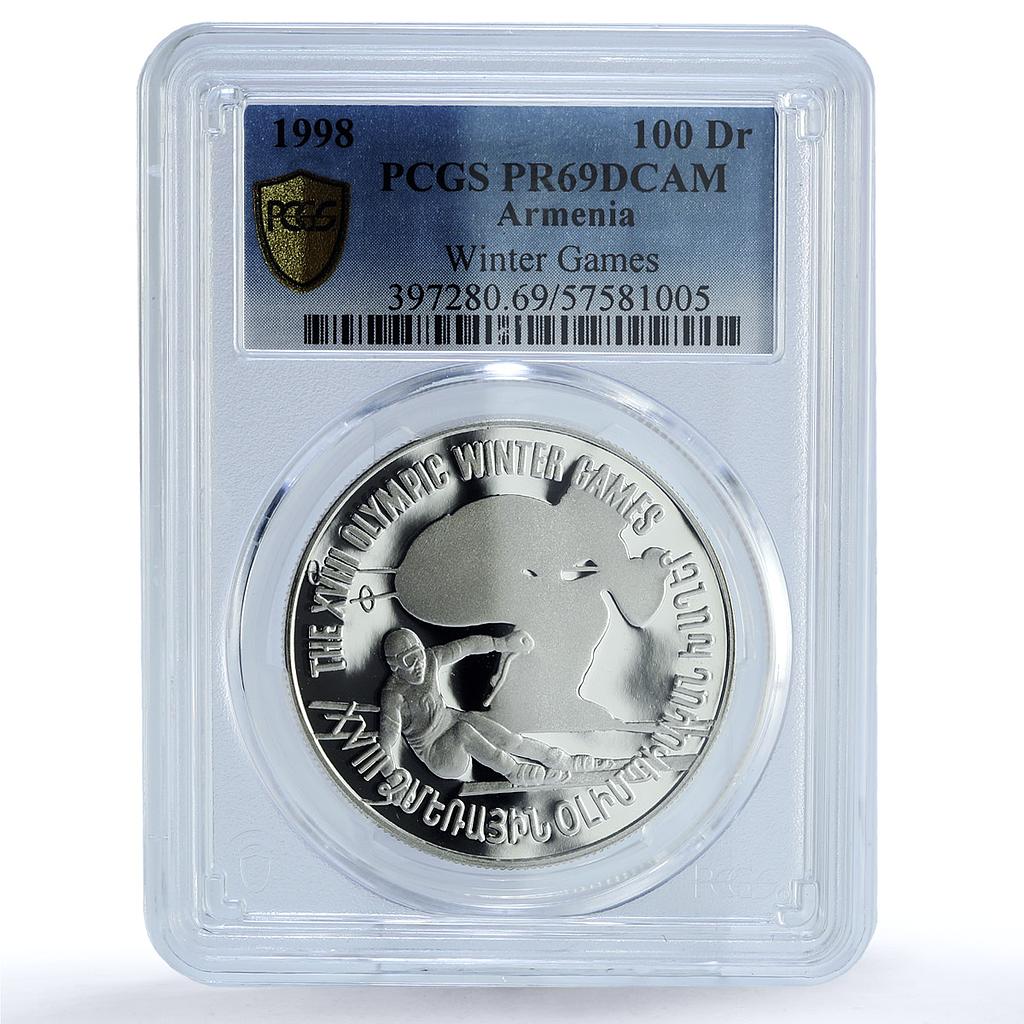 Armenia 100 dram Skier KM-79 Nagano Olympics Sports PR 69 PCGS silver coin 1998