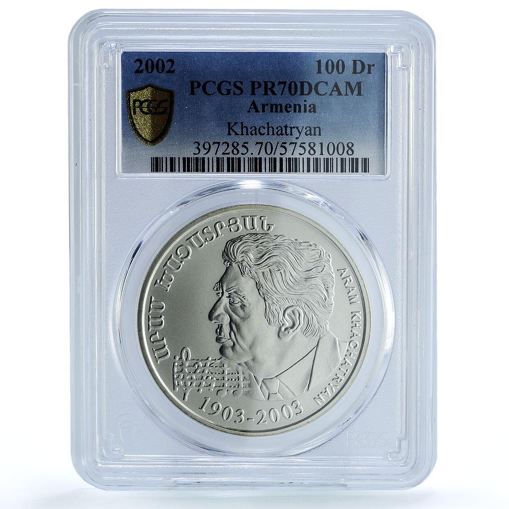 Armenia 100 dram Khachatryan KM-98 Music Composer MS 70 PCGS silver coin 2002