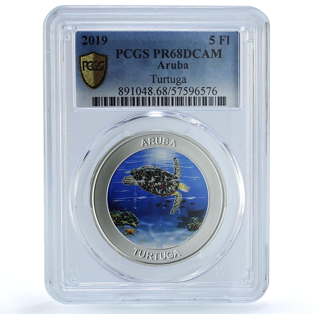 Aruba 5 florins Turtuga KM-66 Wildlife Fauna Turtle PR 68 PCGS silver coin 2019