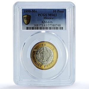 Mexico 10 pesos Aztec Rev. KM-616 Schon-180a MS 63 PCGS bimetal coin 1998