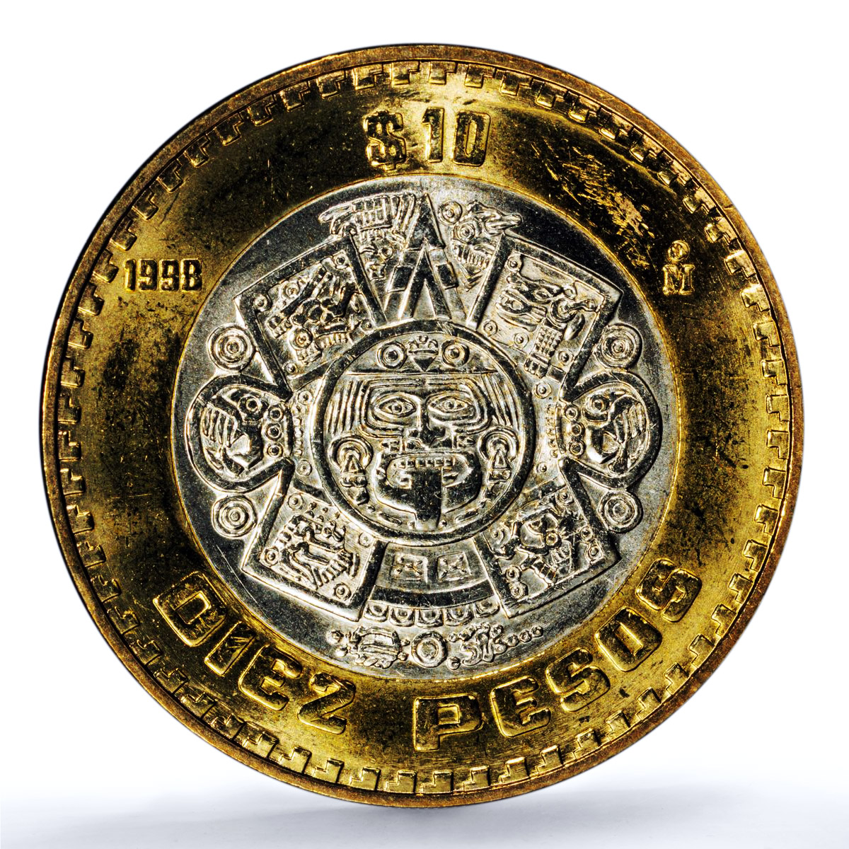 Mexico 10 pesos Aztec Rev. KM-616 Schon-180a MS 63 PCGS bimetal coin 1998