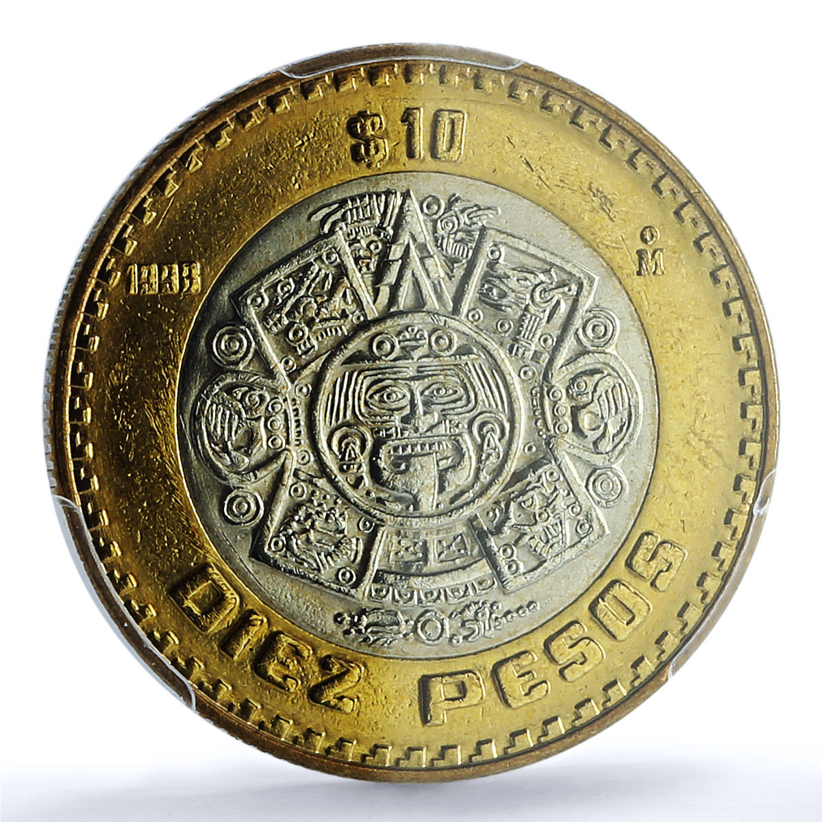 Mexico 10 pesos Aztec Rev. KM-616 Schon-180a MS 63 PCGS bimetal coin 1998