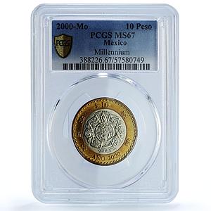 Mexico 10 pesos Millennium Aztec Rev. KM-636 MS 67 PCGS bimetal coin 2000