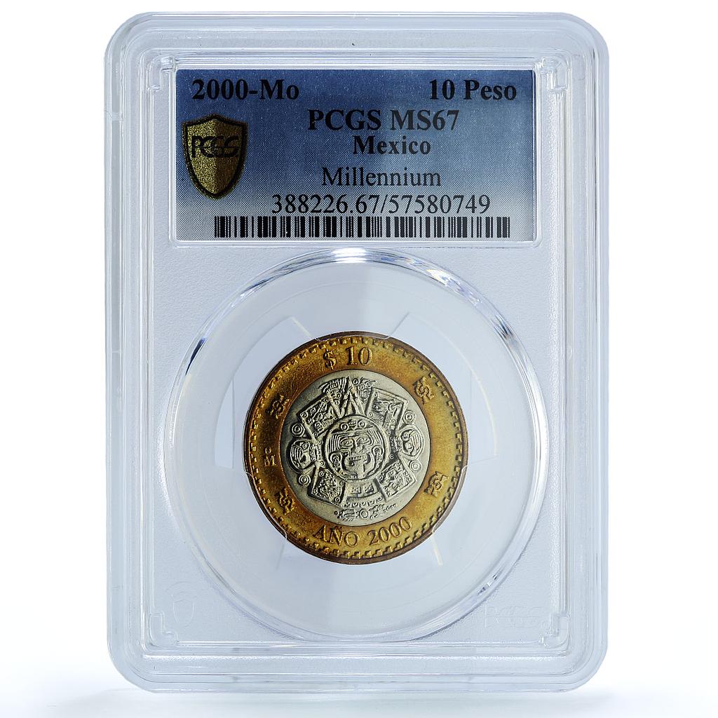 Mexico 10 pesos Millennium Aztec Rev. KM-636 MS 67 PCGS bimetal coin 2000