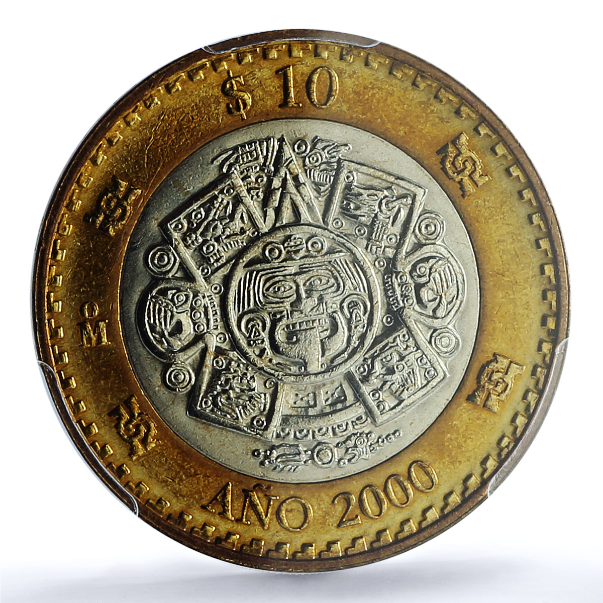 Mexico 10 pesos Millennium Aztec Rev. KM-636 MS 67 PCGS bimetal coin 2000