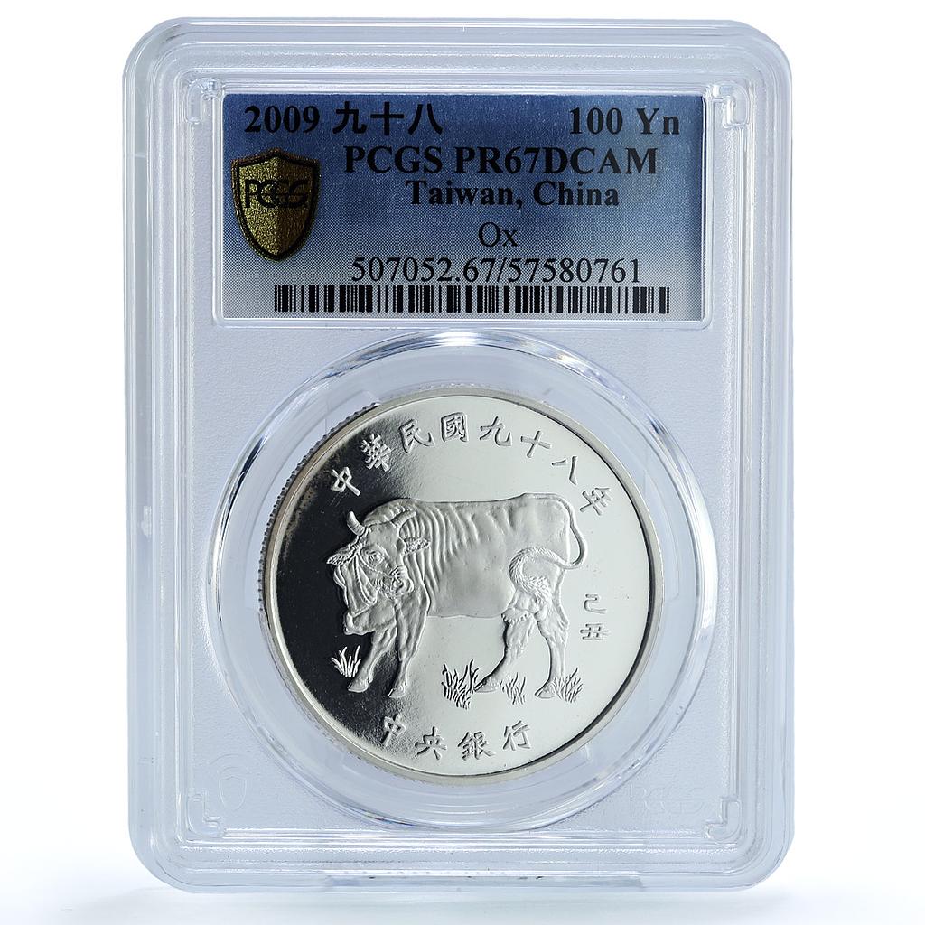 Taiwan 100 dollars Year Ox Y#587 Lunar Calendar Bull PR 67 PCGS silver coin 2009
