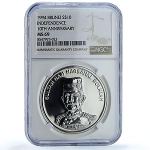 Brunei 10 dollars Independence Hassan Bolkiah KM-61a MS 69 NGC silver coin 1994