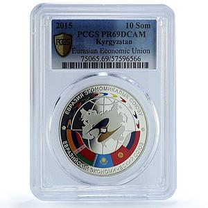 Kyrgyzstan 10 som EAEU Economic Union KM-65 Flags PR 69 PCGS silver coin 2015