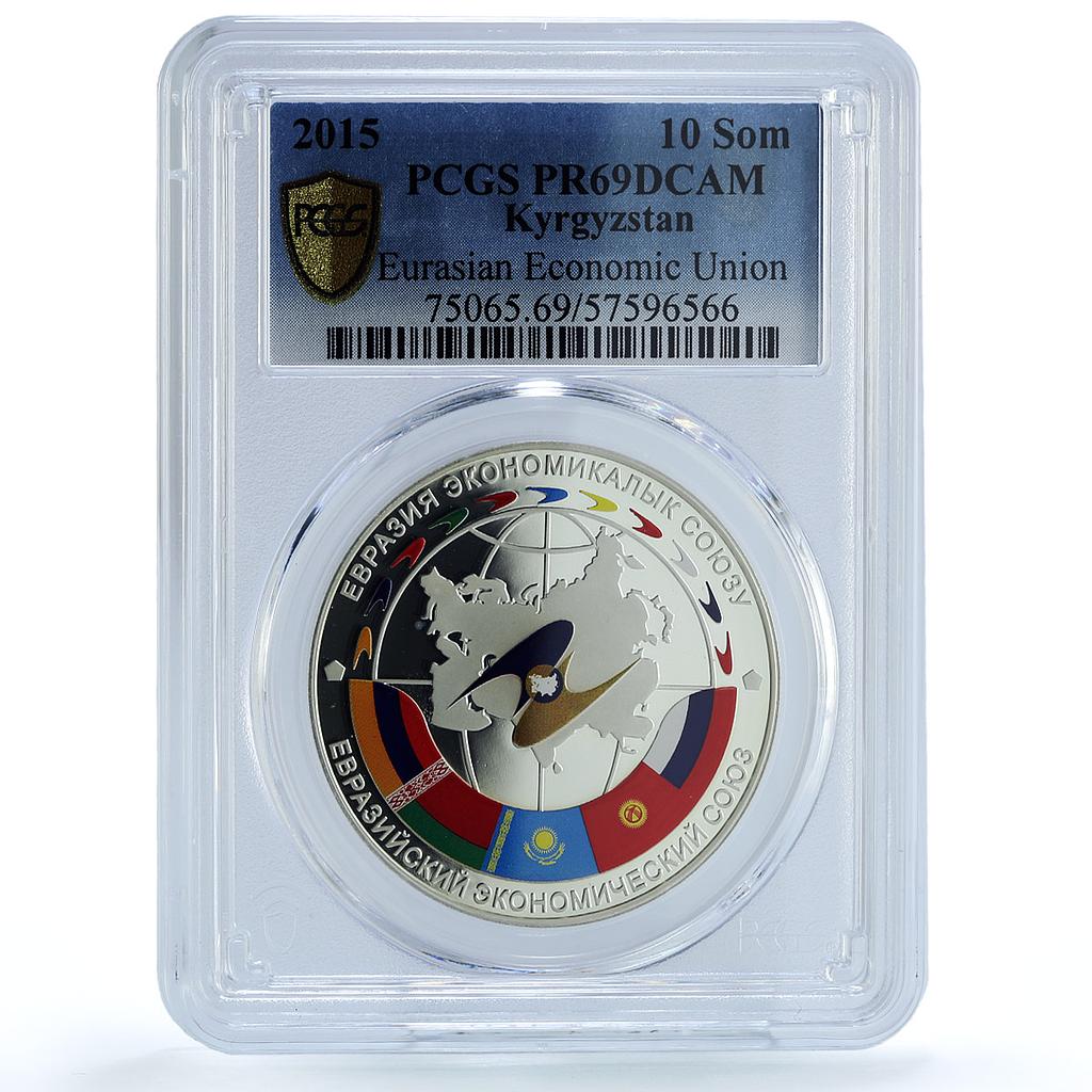 Kyrgyzstan 10 som EAEU Economic Union KM-65 Flags PR 69 PCGS silver coin 2015