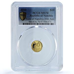 Namibia 10 dollars Bank KM-23 Anniversary Eagle Bird MS 70 PCGS gold coin 2010