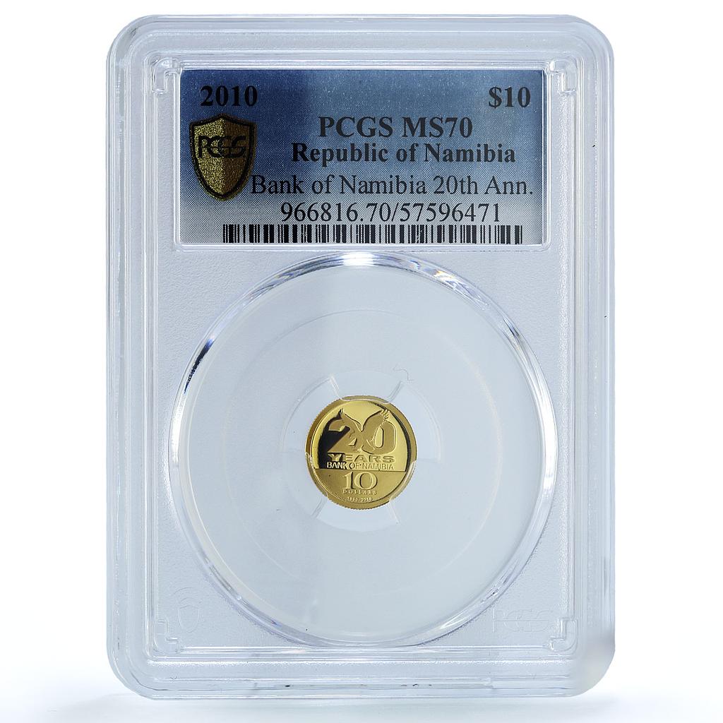 Namibia 10 dollars Bank KM-23 Anniversary Eagle Bird MS 70 PCGS gold coin 2010