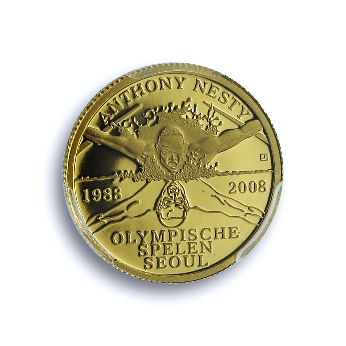 Suriname 20 dollar Anthony Nesty KM-65 Seoul Olympics PR 69 PCGS gold coin 2008 Suriname 20 dollar Anthony Nesty KM-65 Seoul Olympics PR 69 PCGS gold coin 2008