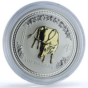 Australia 1 dollar Year of the Ox Gilt 2009 Lunar Series 1 Bull silver coin 2007