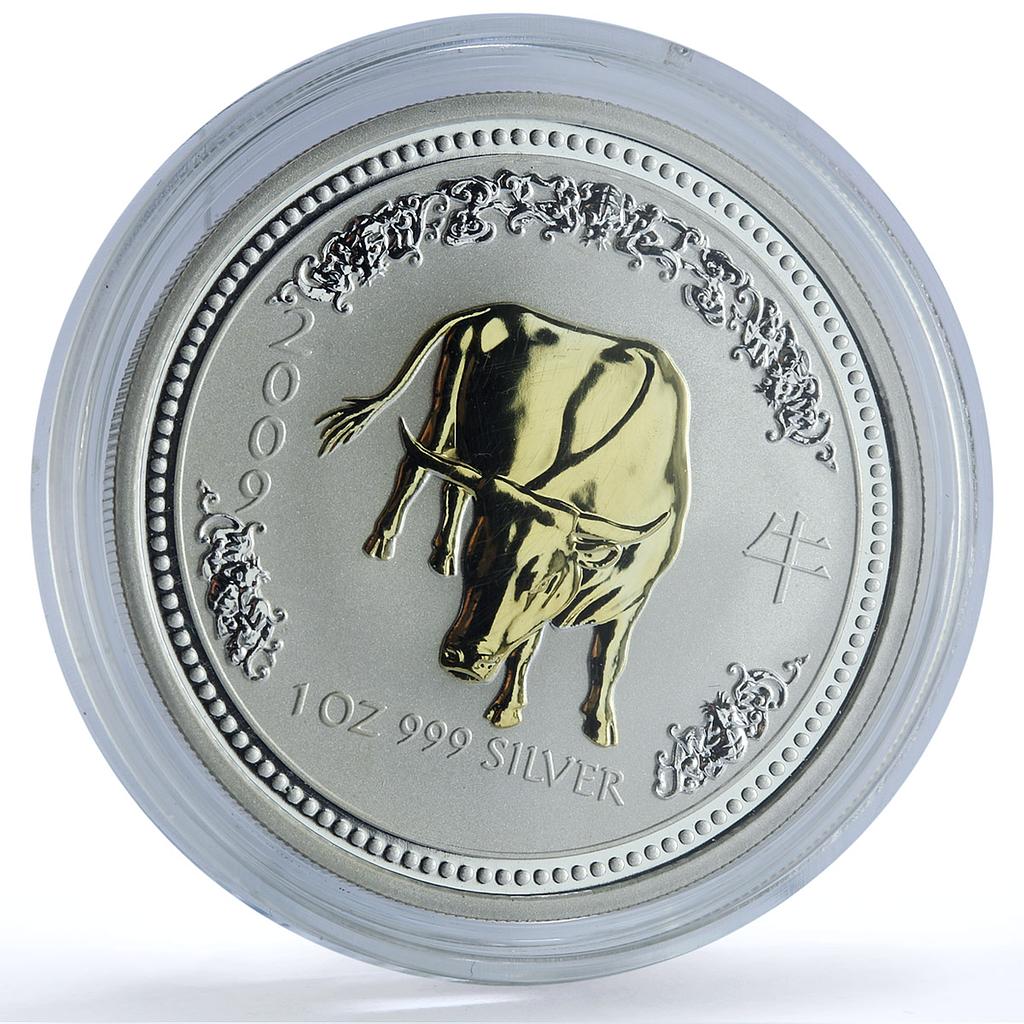 Australia 1 dollar Year of the Ox Gilt 2009 Lunar Series 1 Bull silver coin 2007