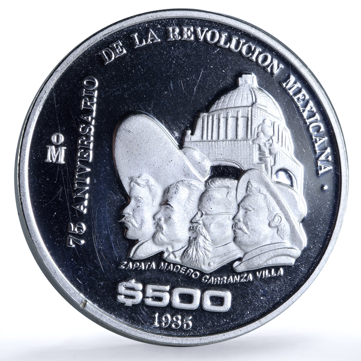 Mexico 500 pesos Revolution 1910 KM-511 History Building proof silver coin 1985