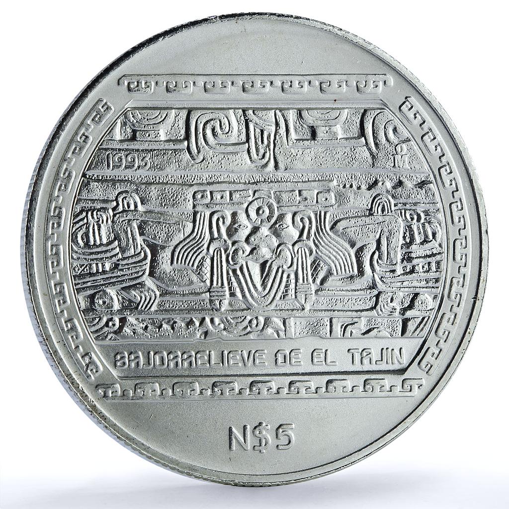 Mexico 5 pesos Bajorrelieve Tajin KM-569 Precolombina Veracruz silver coin 1993