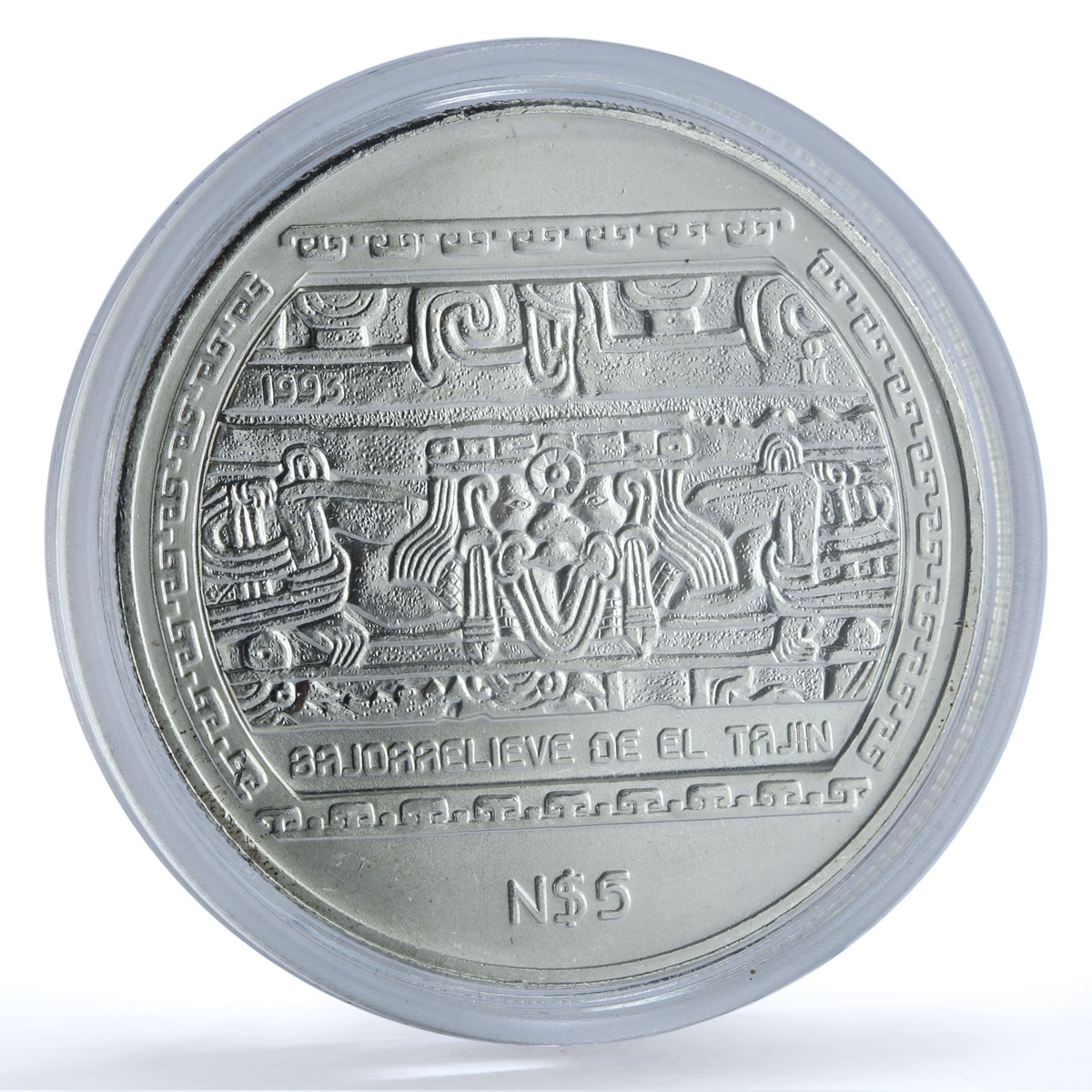 Mexico 5 pesos Bajorrelieve Tajin KM-569 Precolombina Veracruz silver coin 1993