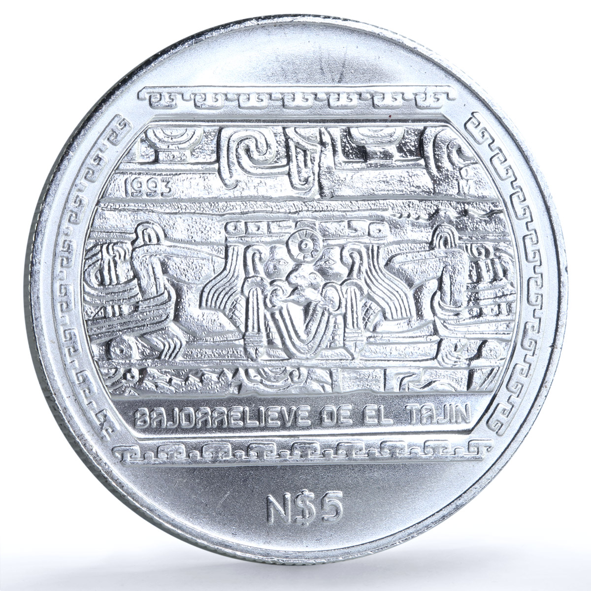 Mexico 5 pesos Bajorrelieve Tajin KM-569 Precolombina Veracruz silver coin 1993