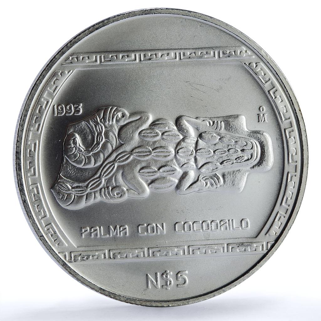 Mexico 5 pesos Palma Con Cocodrilo KM-582 Precolombina Veracruz silver coin 1993