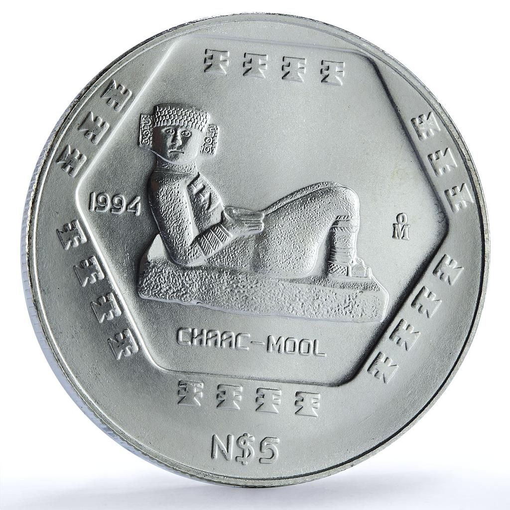 Mexico 5 pesos Chaac Mool KM-574 Precolombina Maya silver coin 1994