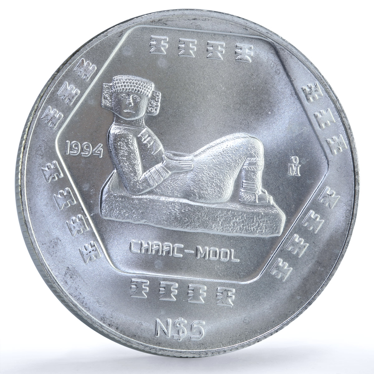 Mexico 5 pesos Chaac Mool KM-574 Precolombina Maya silver coin 1994
