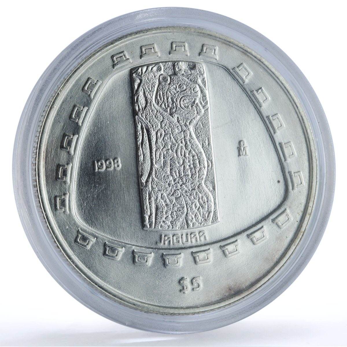 Mexico 5 pesos Jaguar Carving KM-663 Precolombina Toltec silver coin 1998