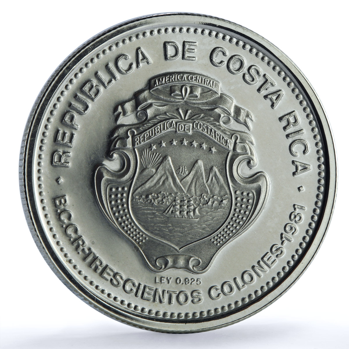 Costa Rica 300 colones Santamaria KM-207 History Anniversary silver coin 1981