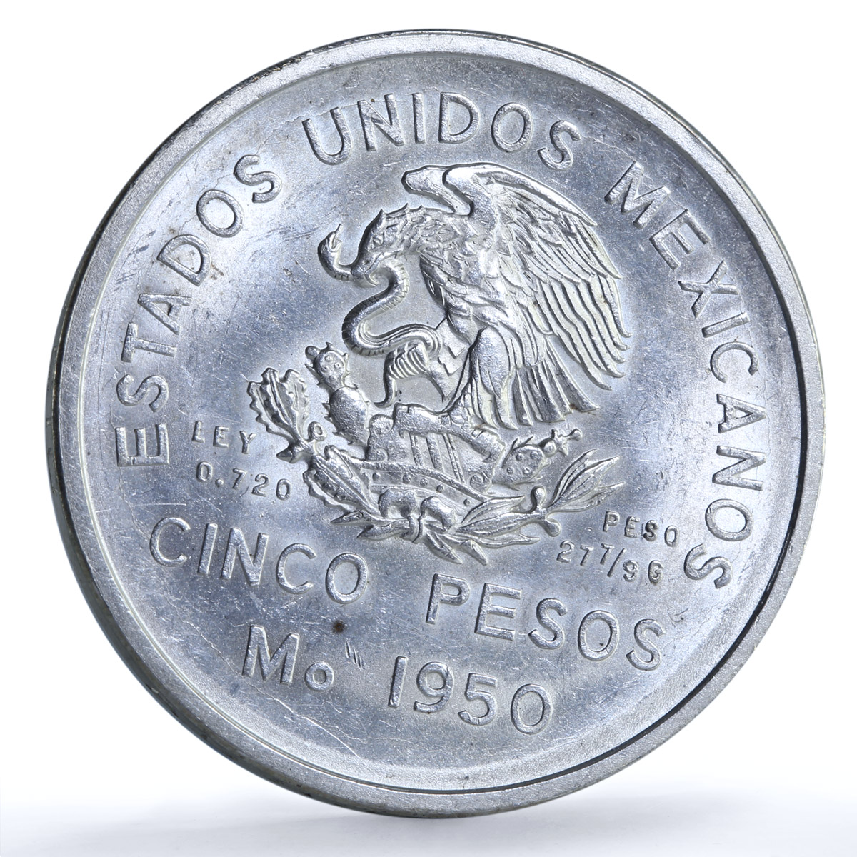 Mexico 5 pesos Opening Southern Railroad KM-466 Train silver coin 1950