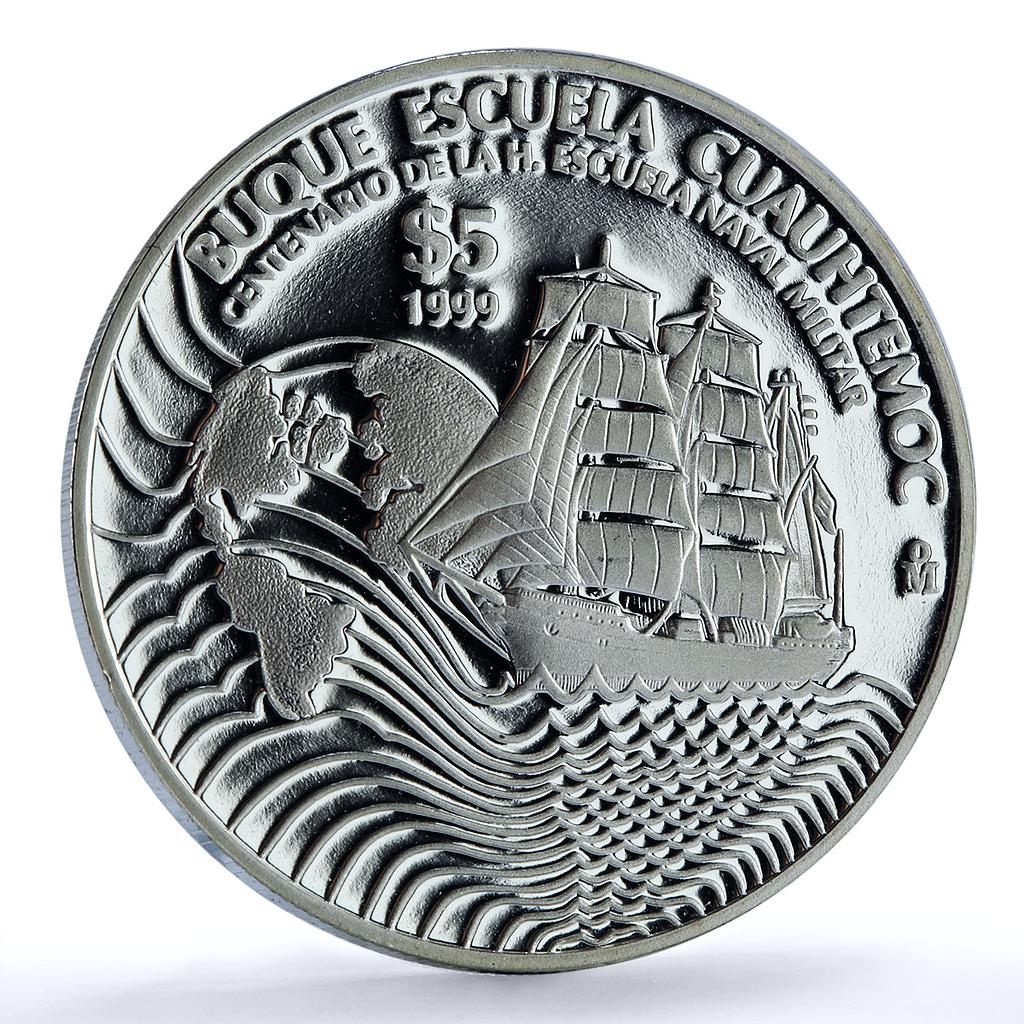 Mexico 5 pesos Cuauhtemoc KM-635 Navy School Ship Clipper proof silver coin 1999