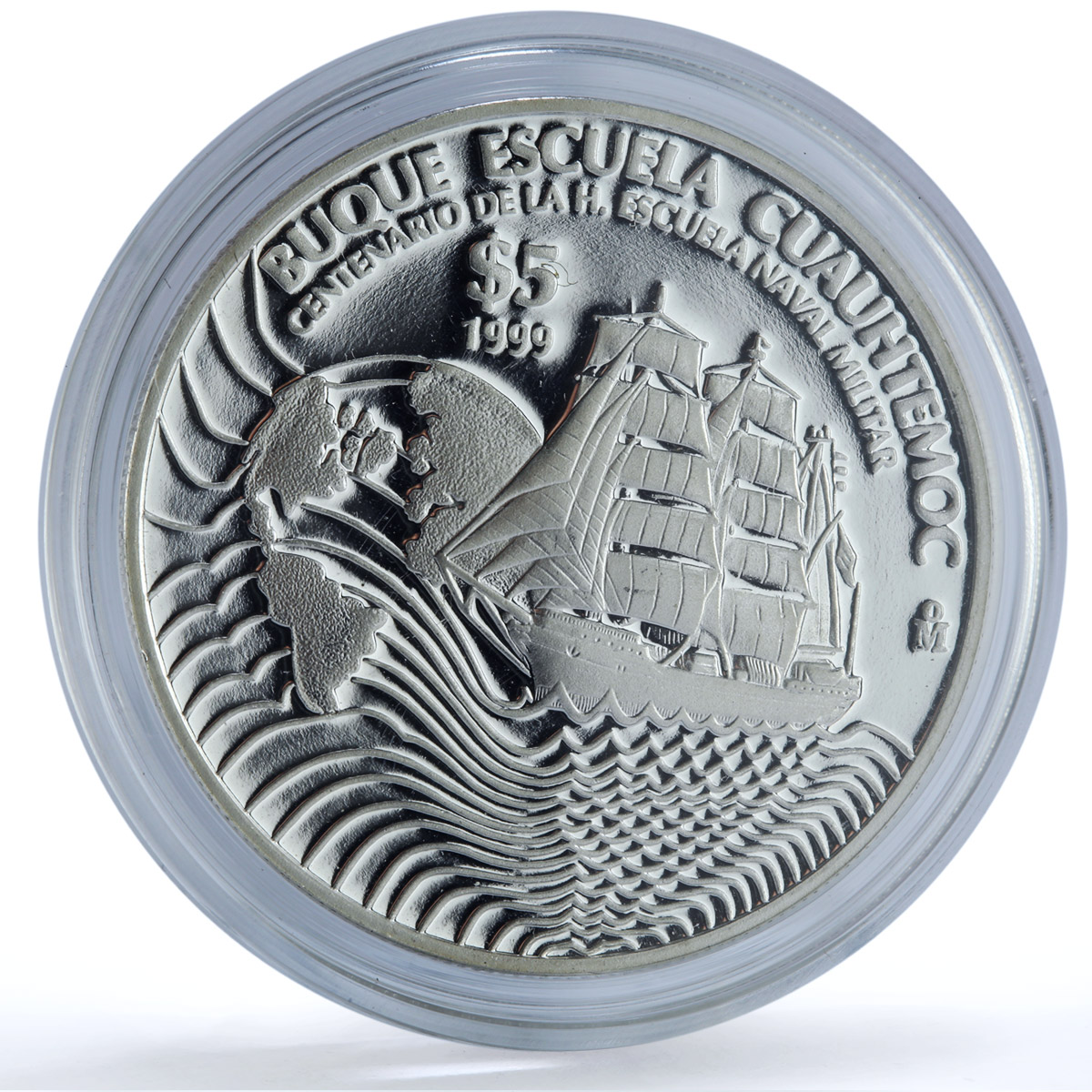 Mexico 5 pesos Cuauhtemoc KM-635 Navy School Ship Clipper proof silver coin 1999