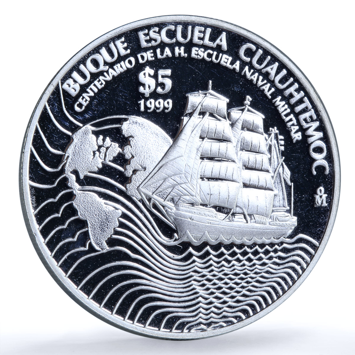 Mexico 5 pesos Cuauhtemoc KM-635 Navy School Ship Clipper proof silver coin 1999