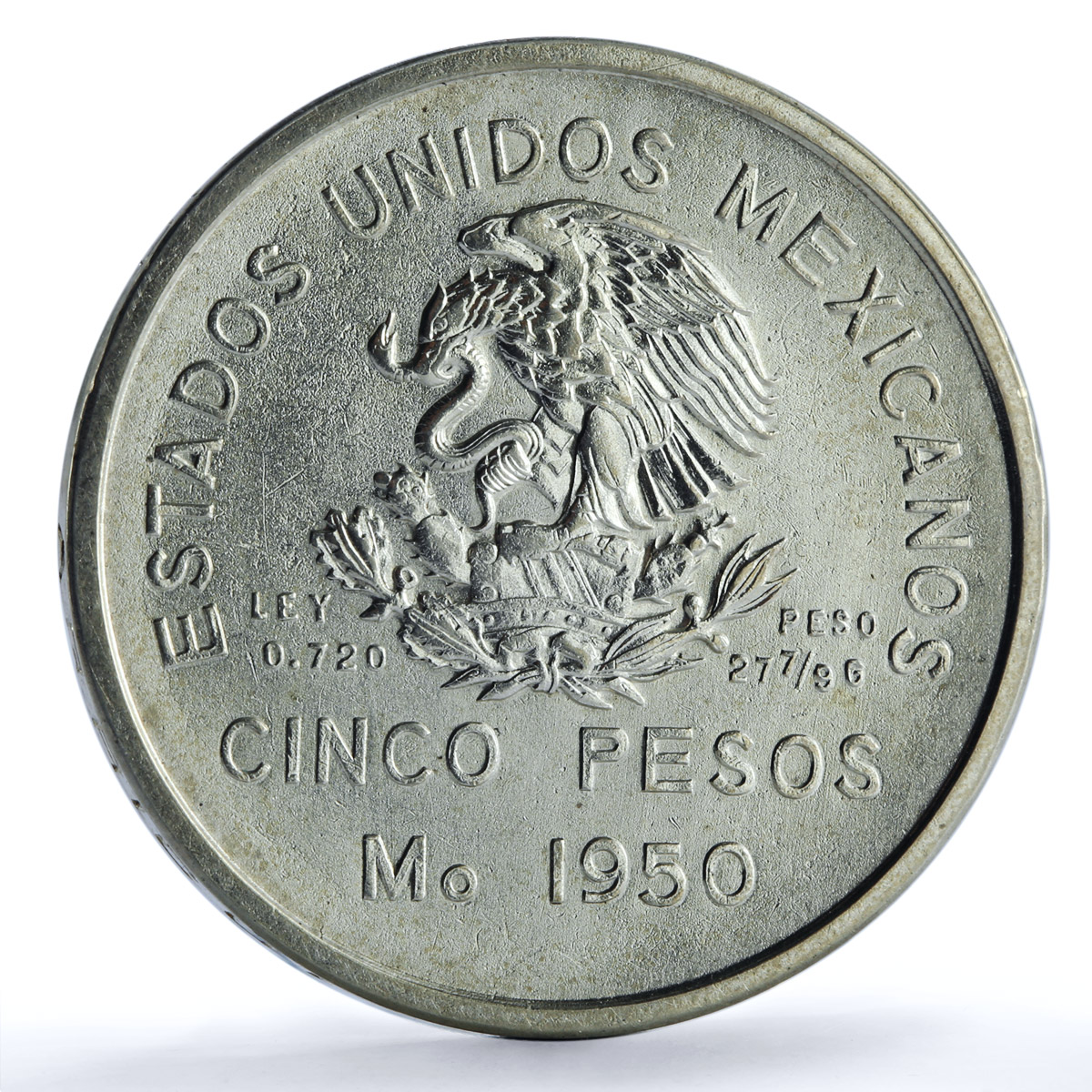 Mexico 5 pesos Opening Southern Railroad KM-466 Train silver coin 1950