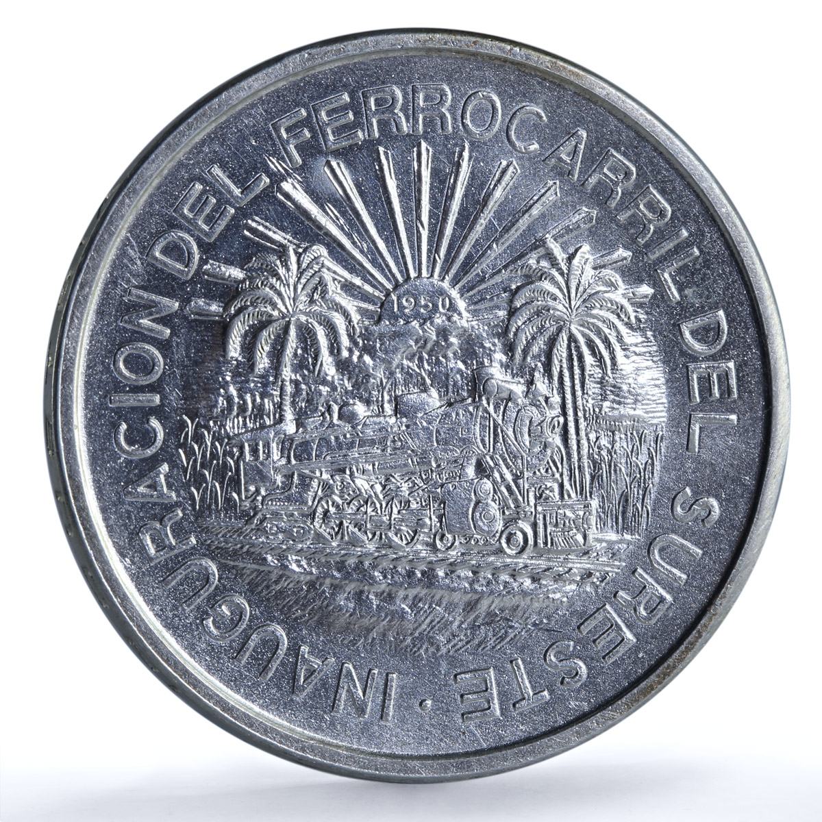 Mexico 5 pesos Opening Southern Railroad KM-466 Train silver coin 1950