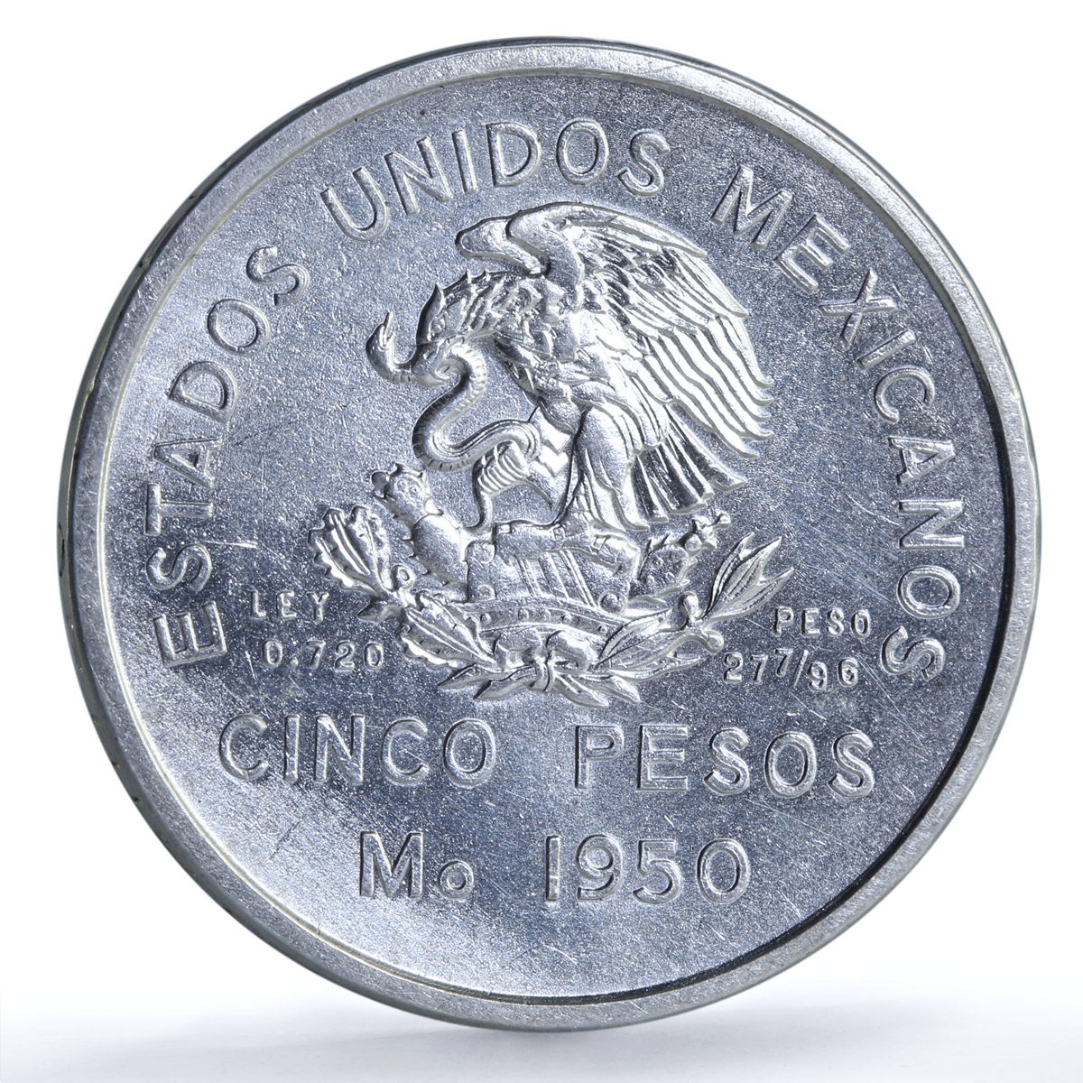 Mexico 5 pesos Opening Southern Railroad KM-466 Train silver coin 1950