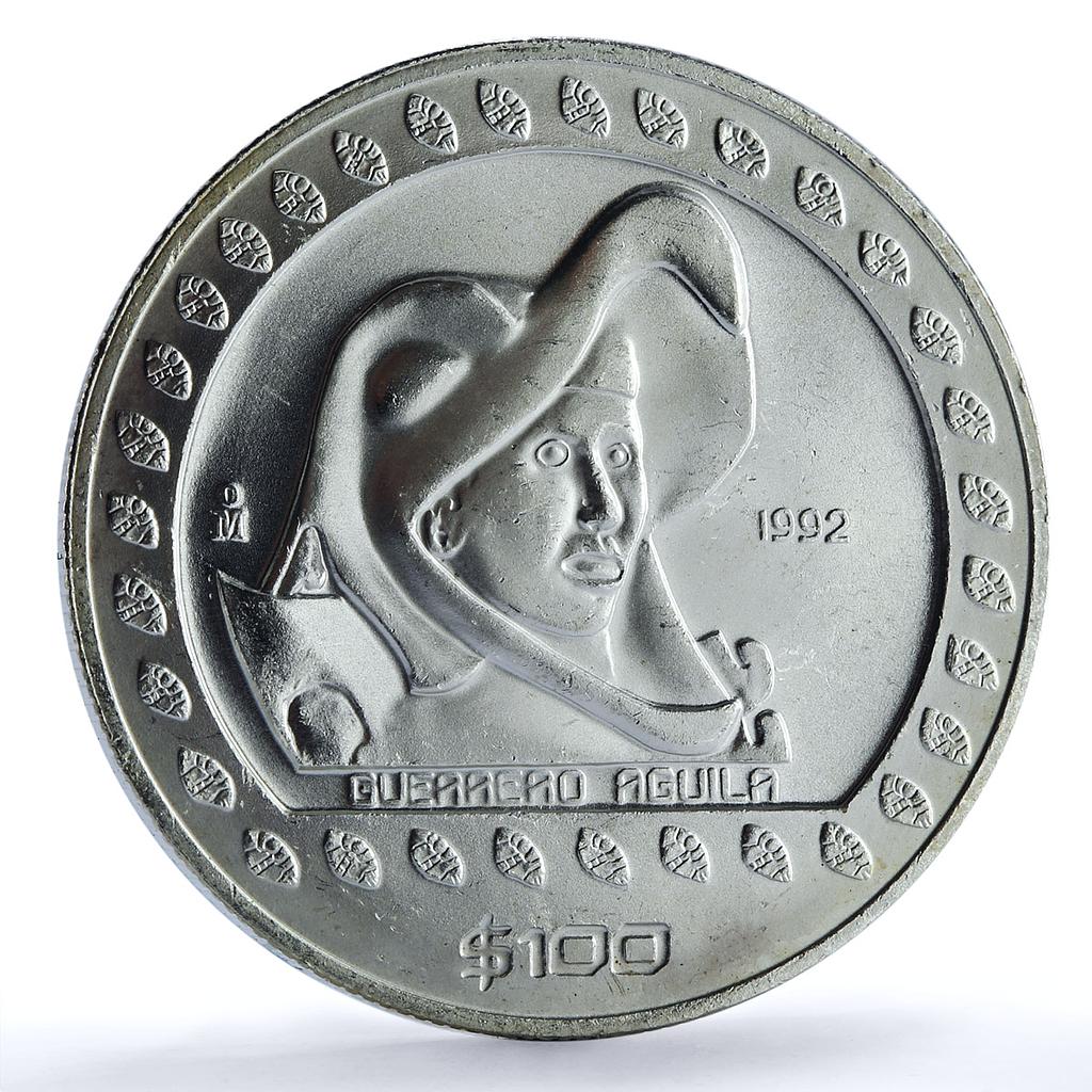 Mexico 100 pesos Guerrero Aguila KM-556 Precolombina Aztec silver coin 1992