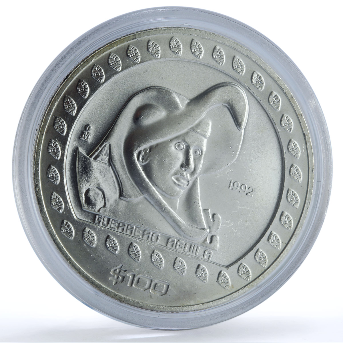 Mexico 100 pesos Guerrero Aguila KM-556 Precolombina Aztec silver coin 1992