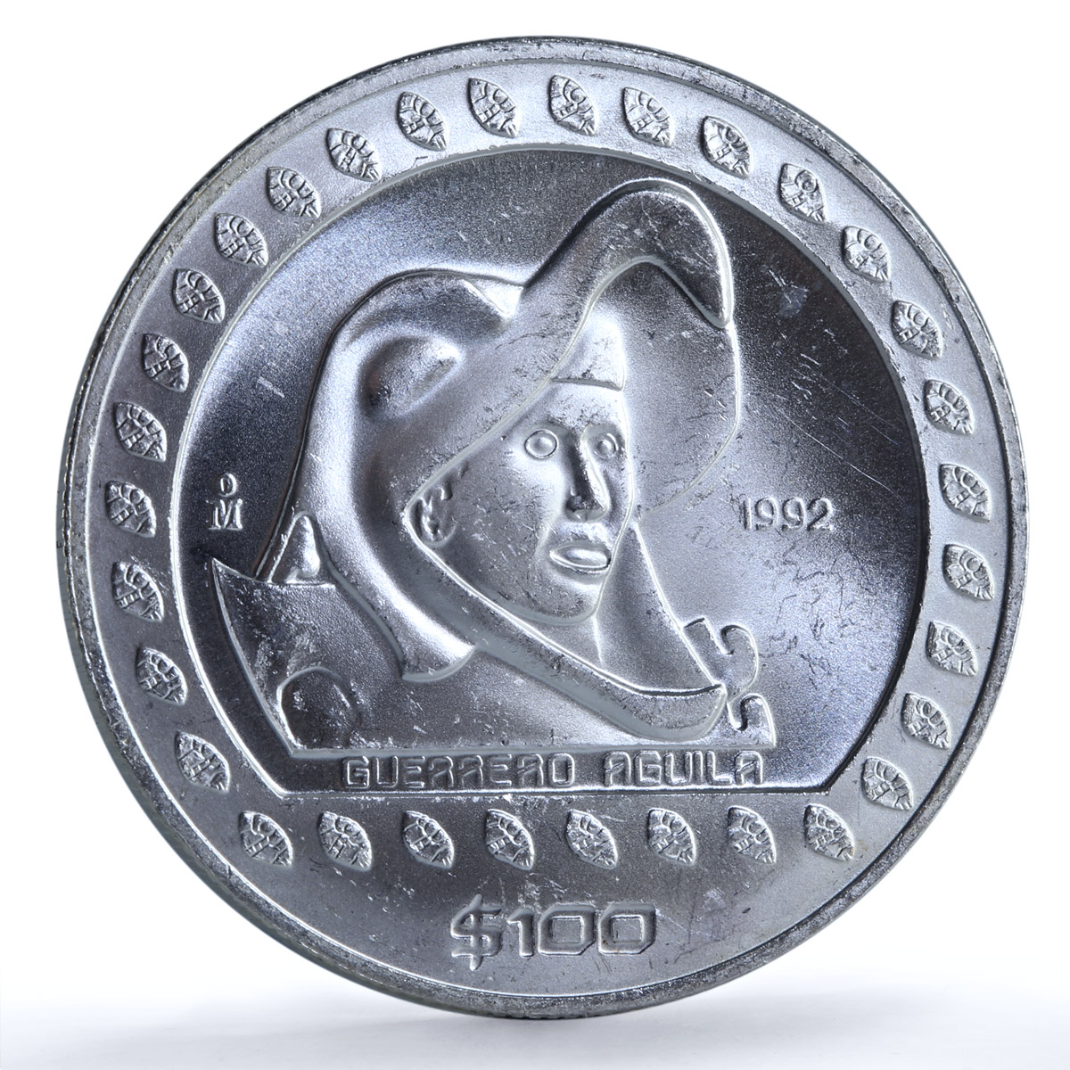 Mexico 100 pesos Guerrero Aguila KM-556 Precolombina Aztec silver coin 1992