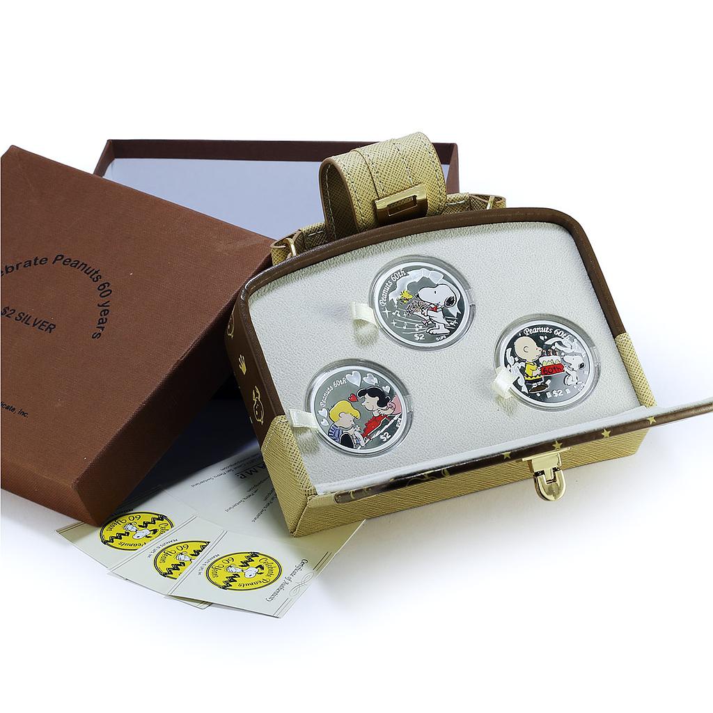 Niue 2 dollars x 3 Set Peanuts Snoopy Anniversary Cartoons Dog silver coins 2010