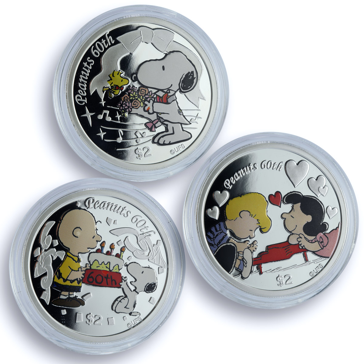 Niue 2 dollars x 3 Set Peanuts Snoopy Anniversary Cartoons Dog silver coins 2010
