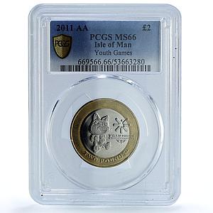 Isle of Man 2 pounds Youth Games KM-1476 Sports Cat MS 66 PCGS bimetal coin 2011