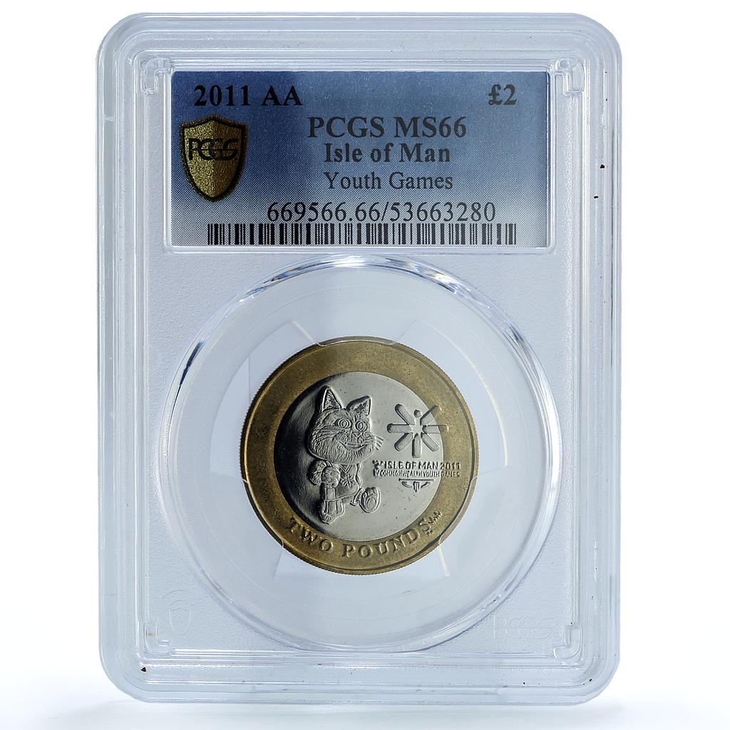 Isle of Man 2 pounds Youth Games KM-1476 Sports Cat MS 66 PCGS bimetal coin 2011